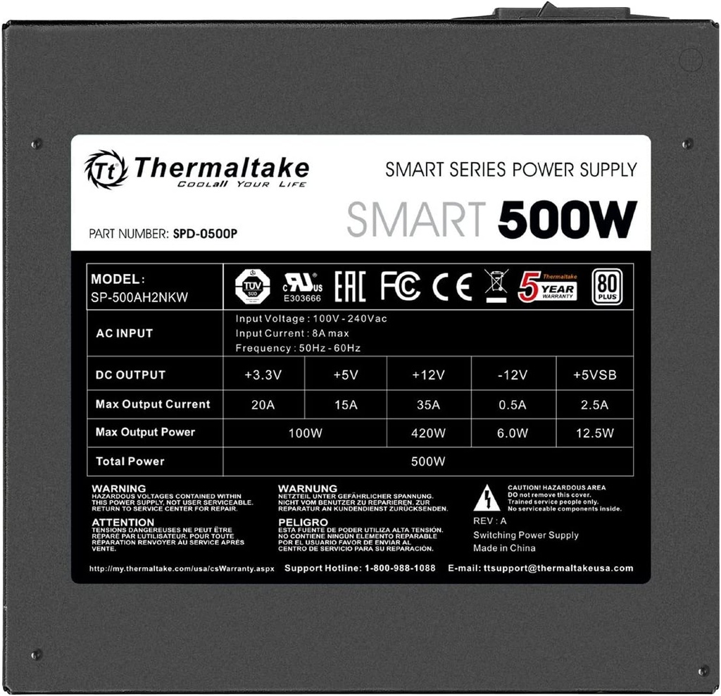 Fuente de poder Thermaltake inteligente de 500 W 80 + blanca,