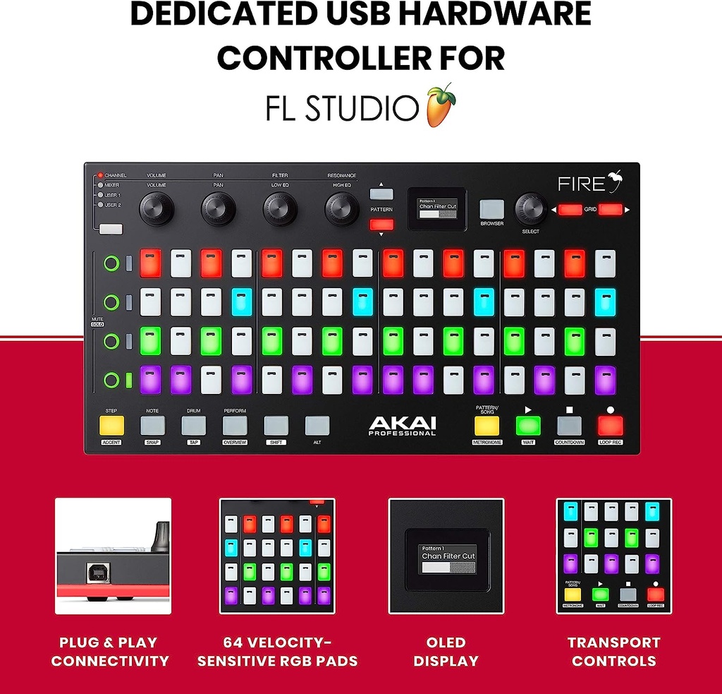 AKAI Professional Fire (Controller Only) – USB MIDI Controller for FL Studio with 64 pad RGB Clip / Drum Pad Matrix
