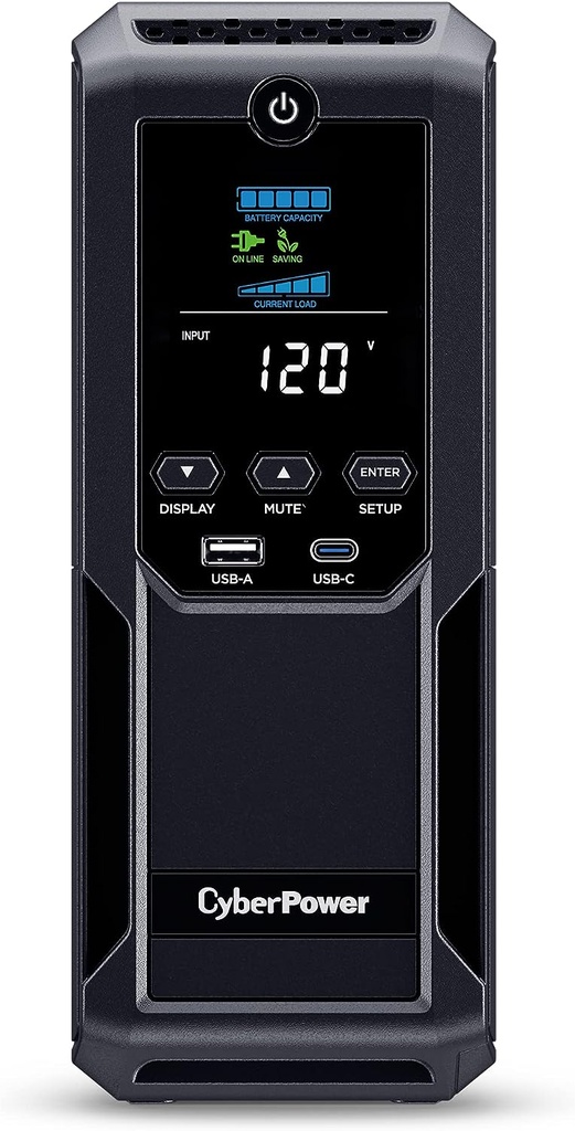 CyberPower CP1500AVRLCD3 Sistema UPS LCD inteligente, 1500VA/900W, 12 tomas, 2 puertos USB, AVR, mini torre, negro