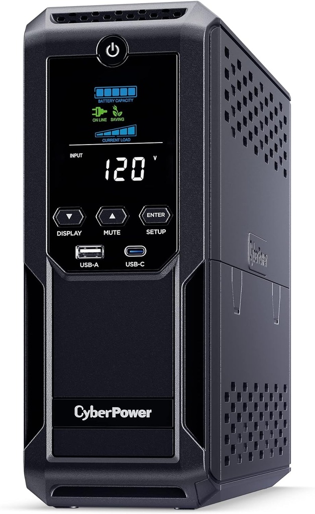 CyberPower CP1500AVRLCD3 Sistema UPS LCD inteligente, 1500VA/900W, 12 tomas, 2 puertos USB, AVR, mini torre, negro
