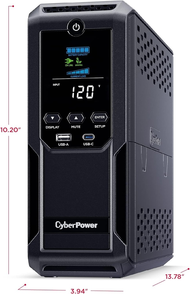CyberPower CP1500AVRLCD3 Sistema UPS LCD inteligente, 1500VA/900W, 12 tomas, 2 puertos USB, AVR, mini torre, negro