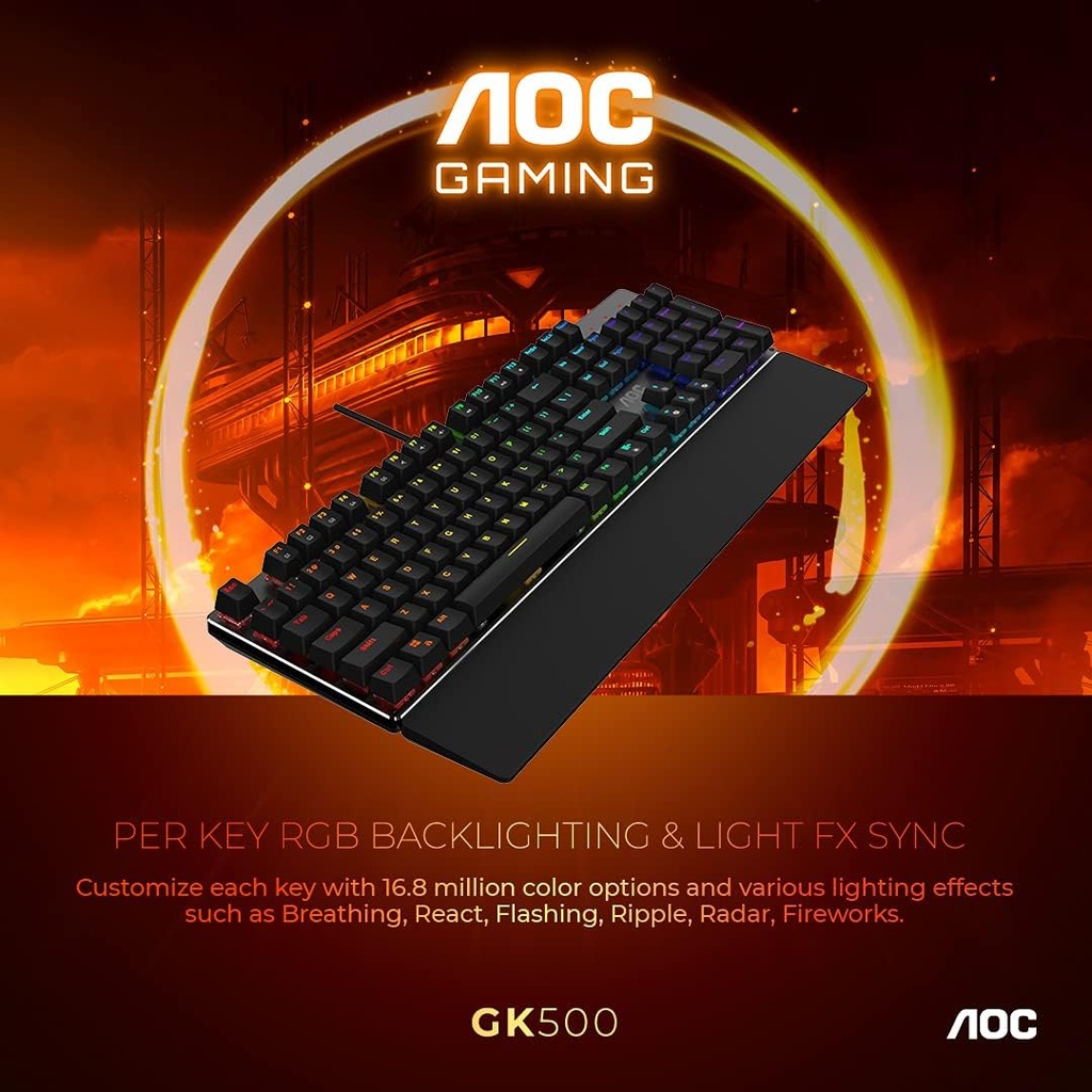 AOC Teclado mecánico RGB completo para juegos, interruptores azules Outemu de 104 teclas (GK500)