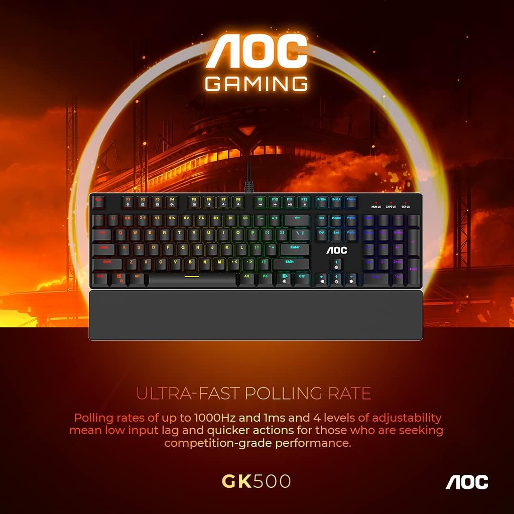 AOC Teclado mecánico RGB completo para juegos, interruptores azules Outemu de 104 teclas (GK500)