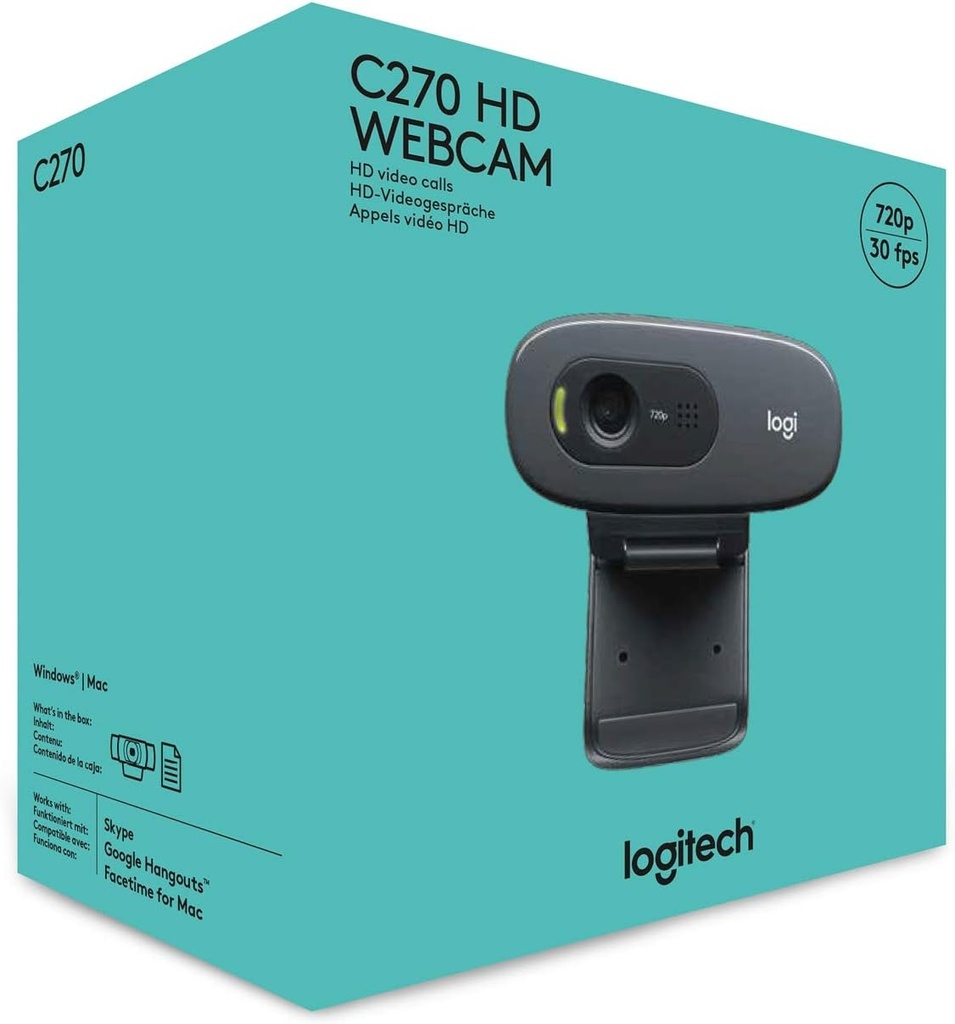 Webcam Logitech C270 - (pantalla panorámica HD 720p, para videollamadas y grabaciones)