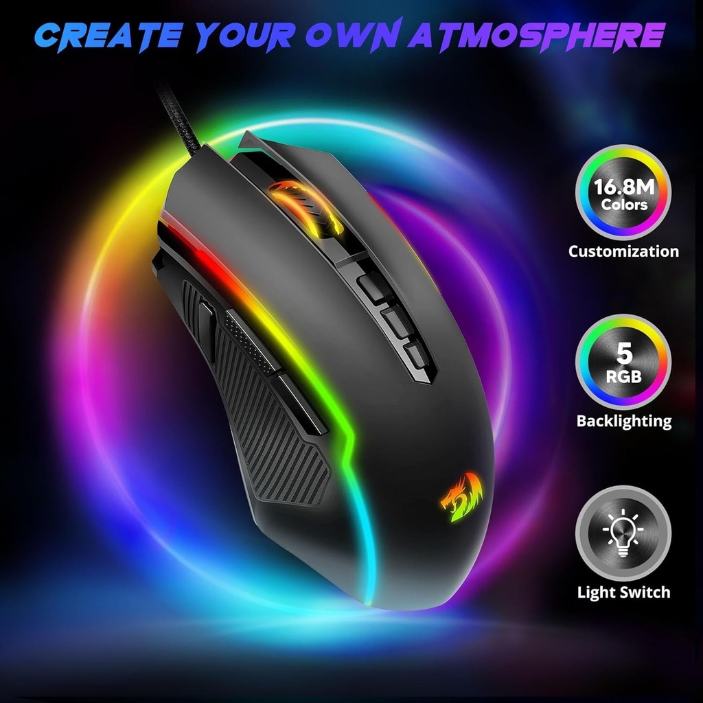 Mouse Gamer Redragon Ranger M910-K cableado - RGB, 8000 DPI ajustable, 9 botones macro programables y botón de fuego, software compatible con teclas DIY
