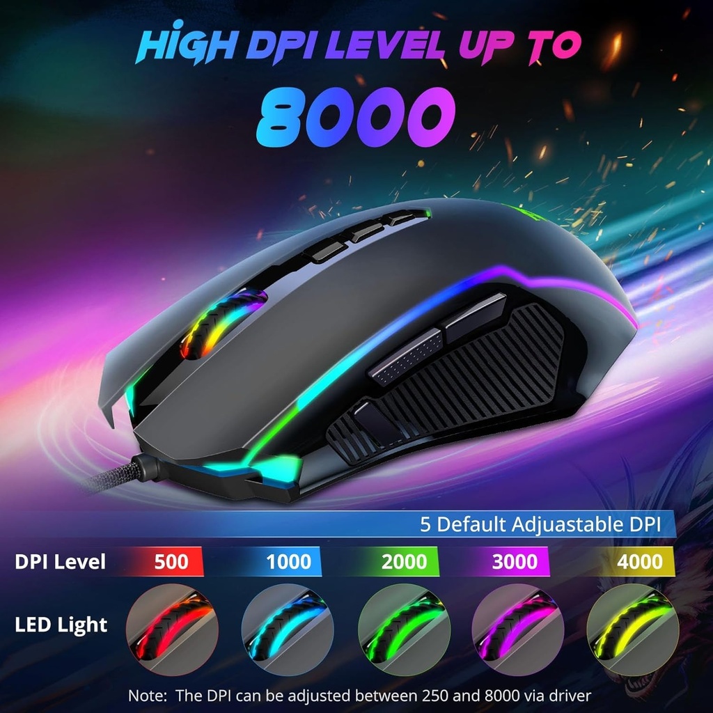 Mouse Gamer Redragon Ranger M910-K cableado - RGB, 8000 DPI ajustable, 9 botones macro programables y botón de fuego, software compatible con teclas DIY