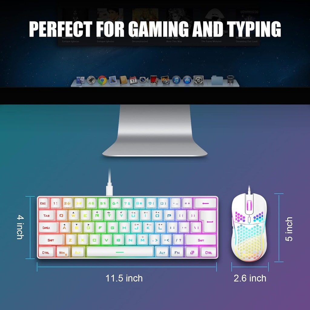 Combo Teclado/Mouse RedThunder - 60% Ligero, ultracompacto 61 teclas con retroiluminación RGB, Mouse 7200 DPI Honeycomb (Blanco)