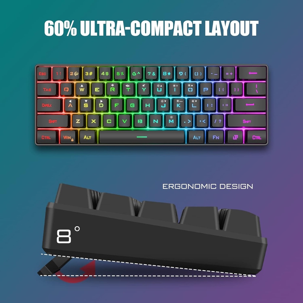 Combo Teclado/Mouse RedThunder - 60% Ligero, ultracompacto 61 teclas con retroiluminación RGB, Mouse 7200 DPI Honeycomb (Negro)