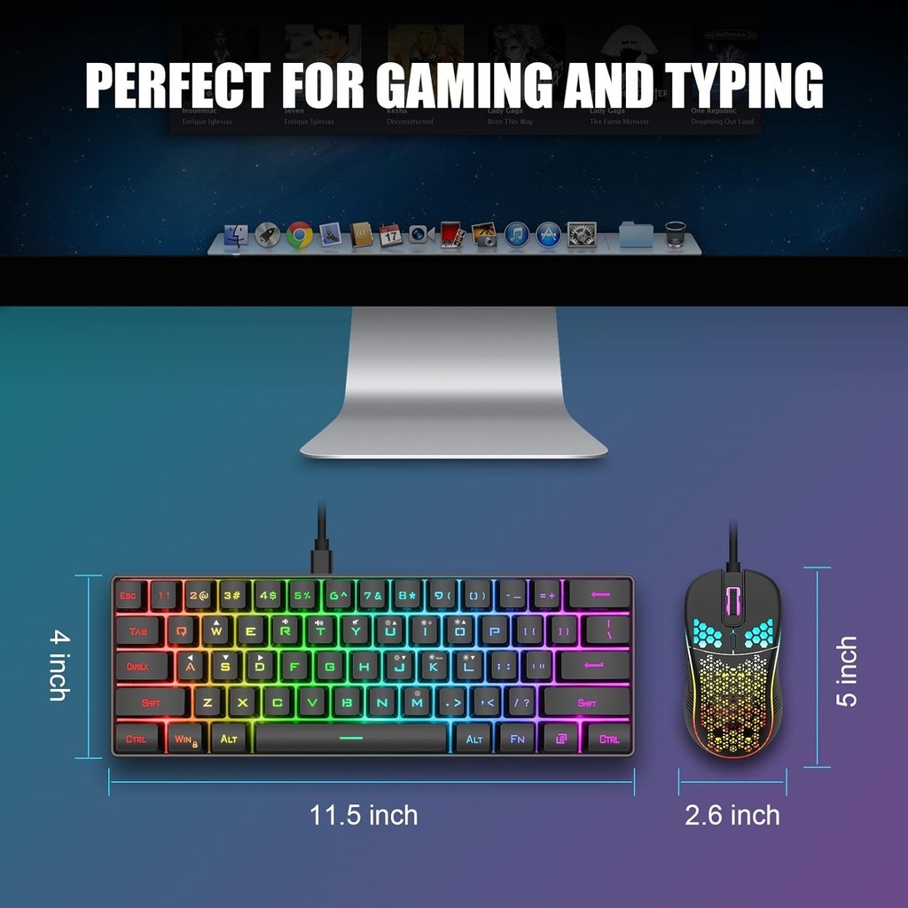 Combo Teclado/Mouse RedThunder - 60% Ligero, ultracompacto 61 teclas con retroiluminación RGB, Mouse 7200 DPI Honeycomb (Negro)