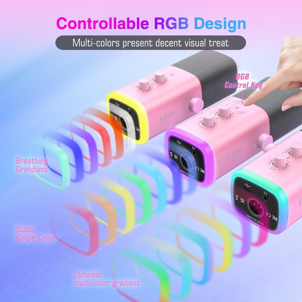 Microfono FIFINE AM8 Rosado - Conexion XLR/USB - Iluminacion RGB - Conector para auriculares -