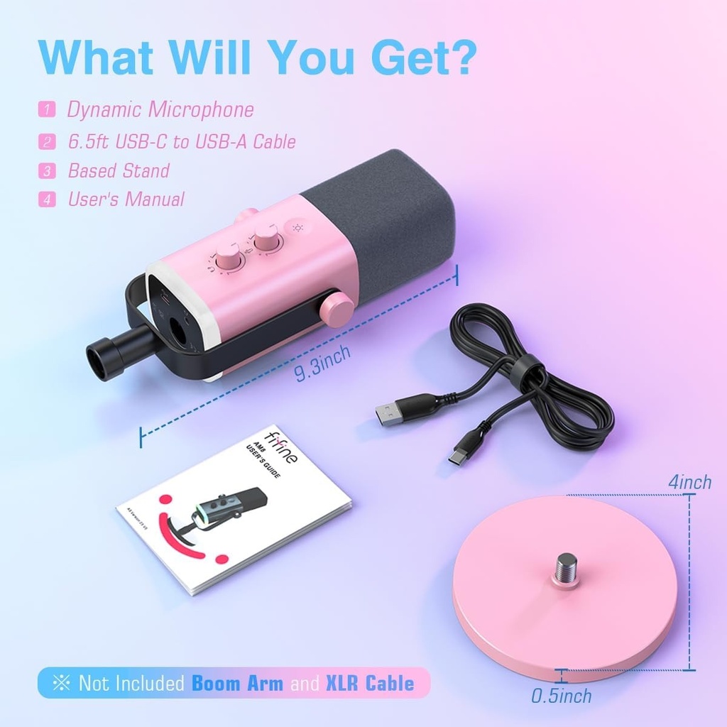 Microfono FIFINE AM8 Rosado - Conexion XLR/USB - Iluminacion RGB - Conector para auriculares -