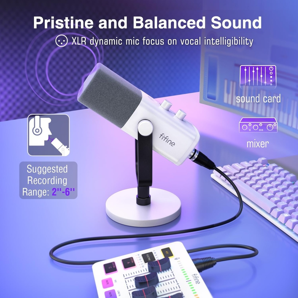 Microfono FIFINE AM8 Blanco - Conexion XLR/USB - Iluminacion RGB - Con Conector para auriculares.