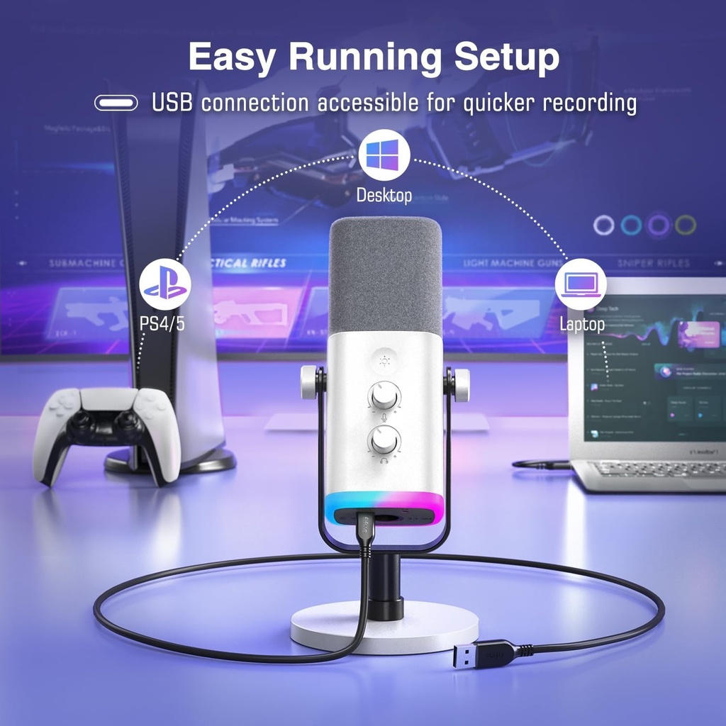 Microfono FIFINE AM8 Blanco - Conexion XLR/USB - Iluminacion RGB - Con Conector para auriculares.