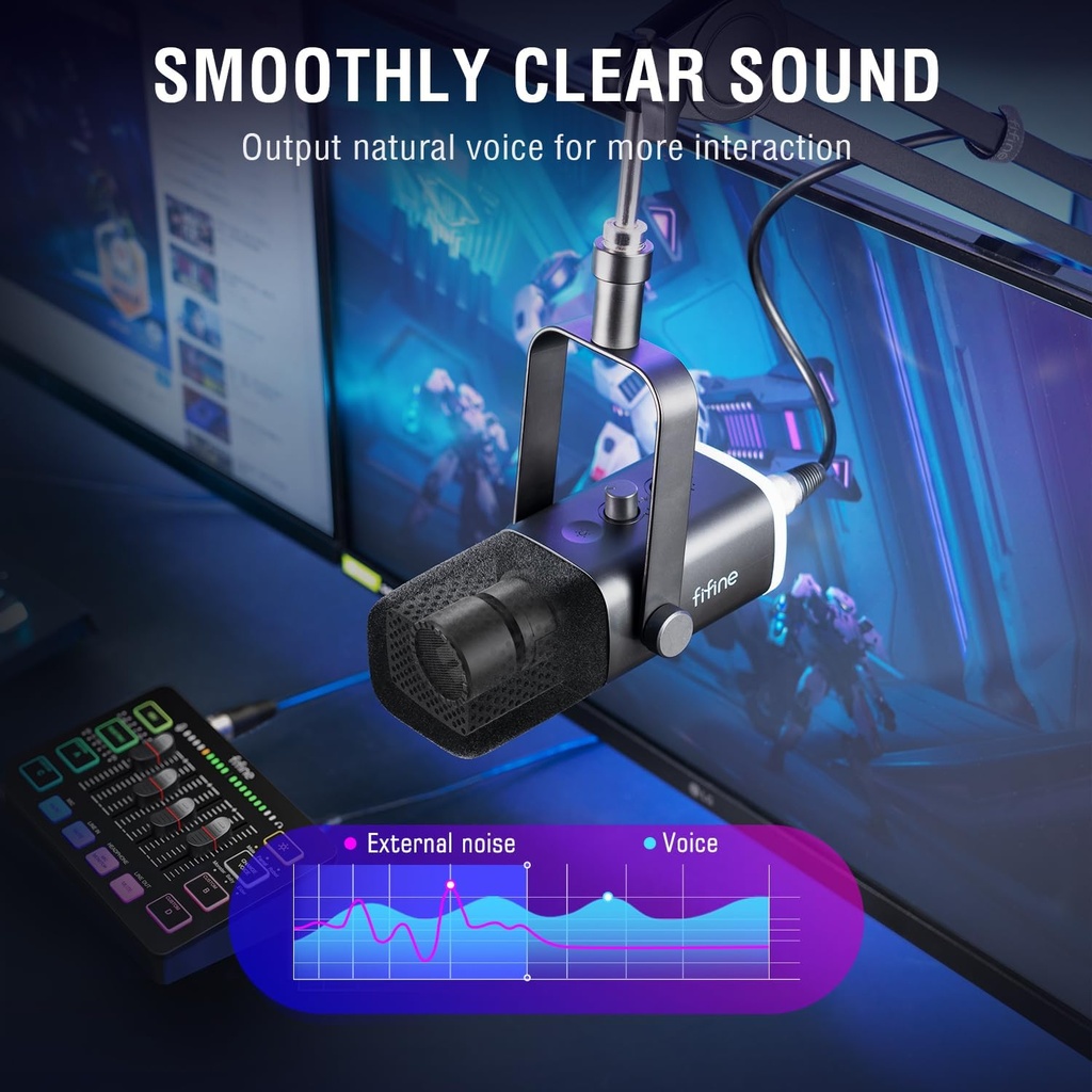 FIFINE Paquete de equipos de juego, juego de micrófono dinámico XLR/USB para juegos con mezclador de audio para grabación de podcasts, video vocal, juego de jugadores RGB con atenuador de