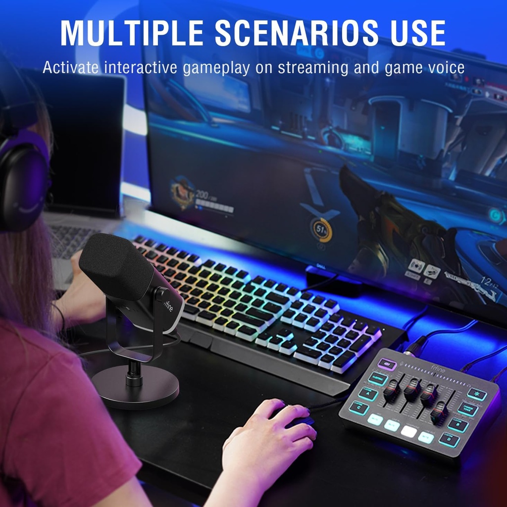 FIFINE Paquete de equipos de juego, juego de micrófono dinámico XLR/USB para juegos con mezclador de audio para grabación de podcasts, video vocal, juego de jugadores RGB con atenuador de