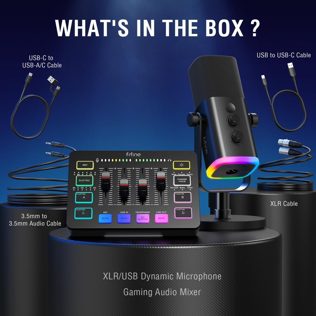 FIFINE Paquete de equipos de juego, juego de micrófono dinámico XLR/USB para juegos con mezclador de audio para grabación de podcasts, video vocal, juego de jugadores RGB con atenuador de