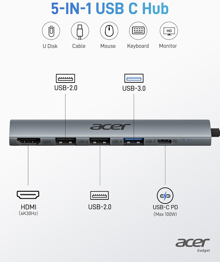 Acer Hub USB C 5 en 1 con HDMI 4K, entrega de energía de 100 W, 3 puertos de datos USB A, adaptador multipuerto USB C a HDMI para laptop, PC, tableta, MacBook Pro/Air, iPad Pro, iMac, iPad, iPhone
