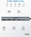 Acer Hub USB C 5 en 1 con HDMI 4K, entrega de energía de 100 W, 3 puertos de datos USB A, adaptador multipuerto USB C a HDMI para laptop, PC, tableta, MacBook Pro/Air, iPad Pro, iMac, iPad, iPhone