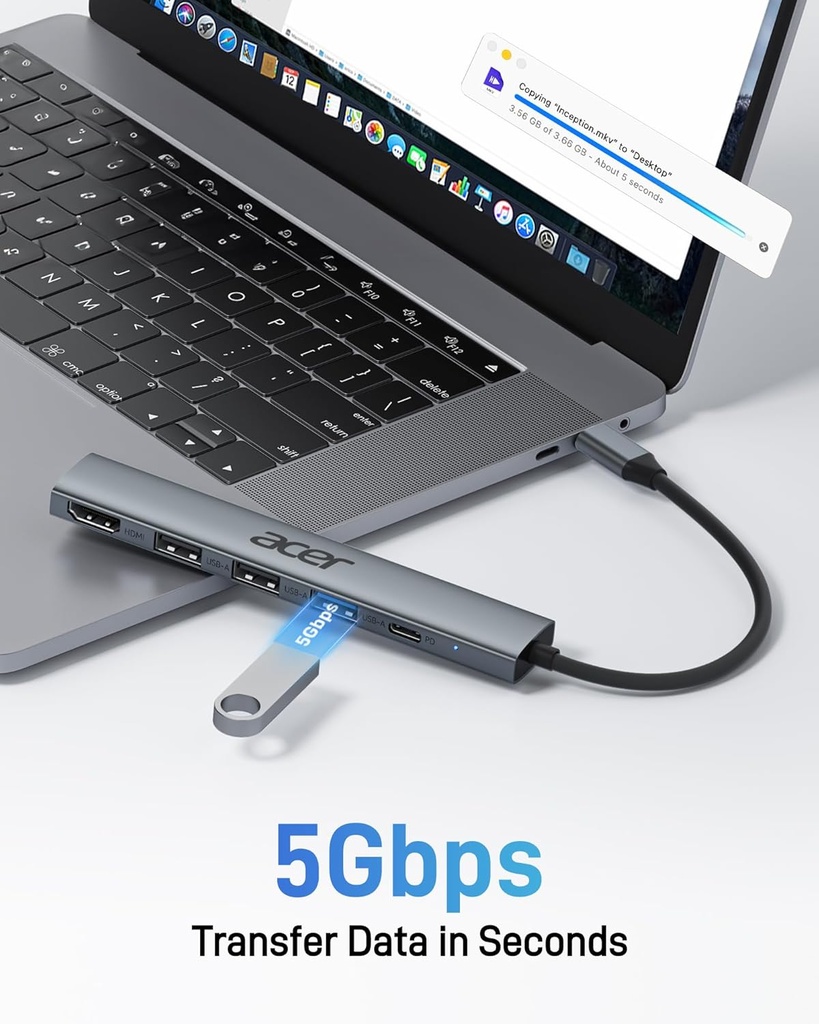 Acer Hub USB C 5 en 1 con HDMI 4K, entrega de energía de 100 W, 3 puertos de datos USB A, adaptador multipuerto USB C a HDMI para laptop, PC, tableta, MacBook Pro/Air, iPad Pro, iMac, iPad, iPhone