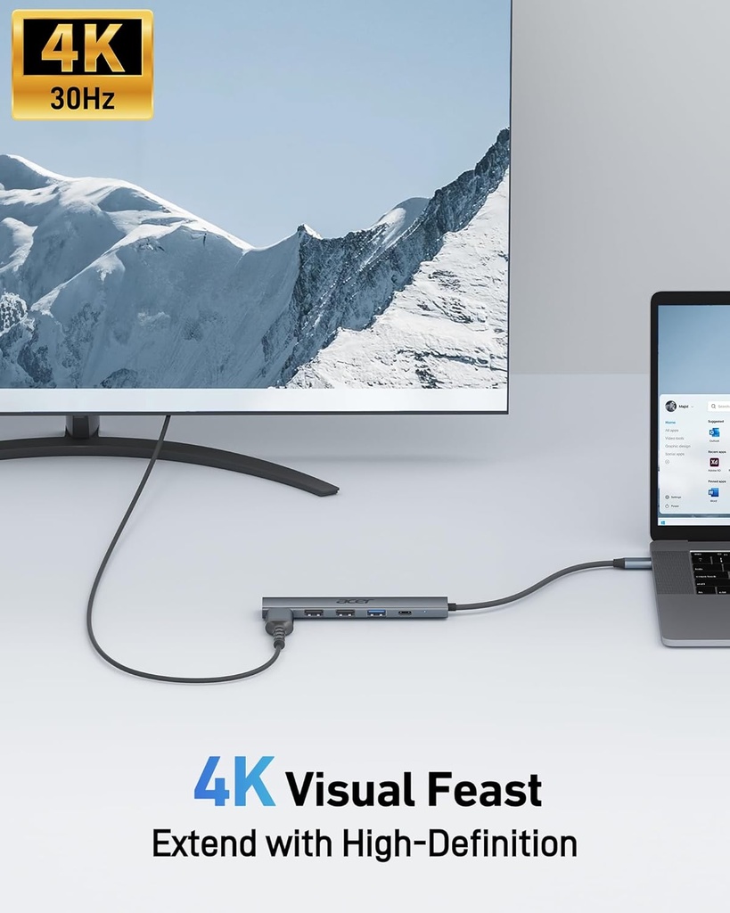 Acer Hub USB C 5 en 1 con HDMI 4K, entrega de energía de 100 W, 3 puertos de datos USB A, adaptador multipuerto USB C a HDMI para laptop, PC, tableta, MacBook Pro/Air, iPad Pro, iMac, iPad, iPhone
