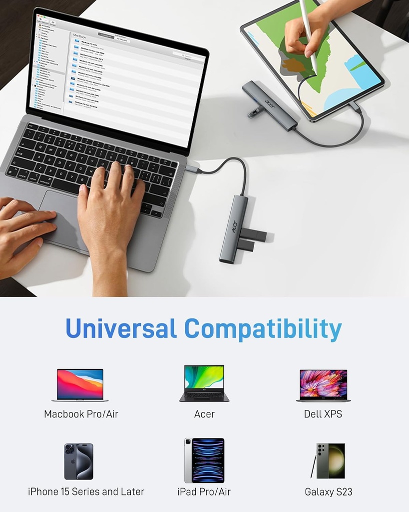 Acer Hub USB C 5 en 1 con HDMI 4K, entrega de energía de 100 W, 3 puertos de datos USB A, adaptador multipuerto USB C a HDMI para laptop, PC, tableta, MacBook Pro/Air, iPad Pro, iMac, iPad, iPhone