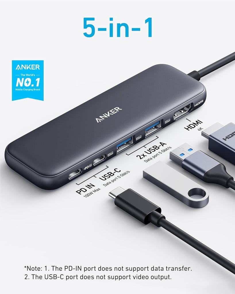 Anker Hub USB-C 332 (5 en 1) con pantalla HDMI 4K, puertos de datos USB-A de 5 Gbps y 2 puertos de datos USB-A de 5 Gbps