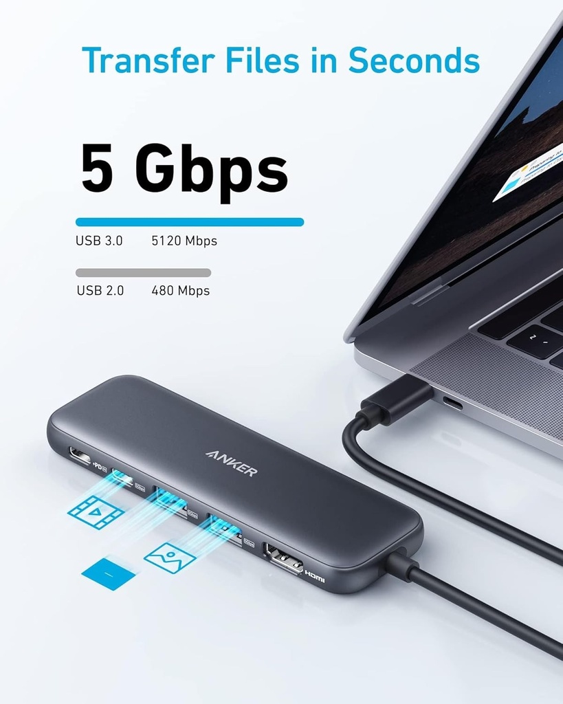 Anker Hub USB-C 332 (5 en 1) con pantalla HDMI 4K, puertos de datos USB-A de 5 Gbps y 2 puertos de datos USB-A de 5 Gbps