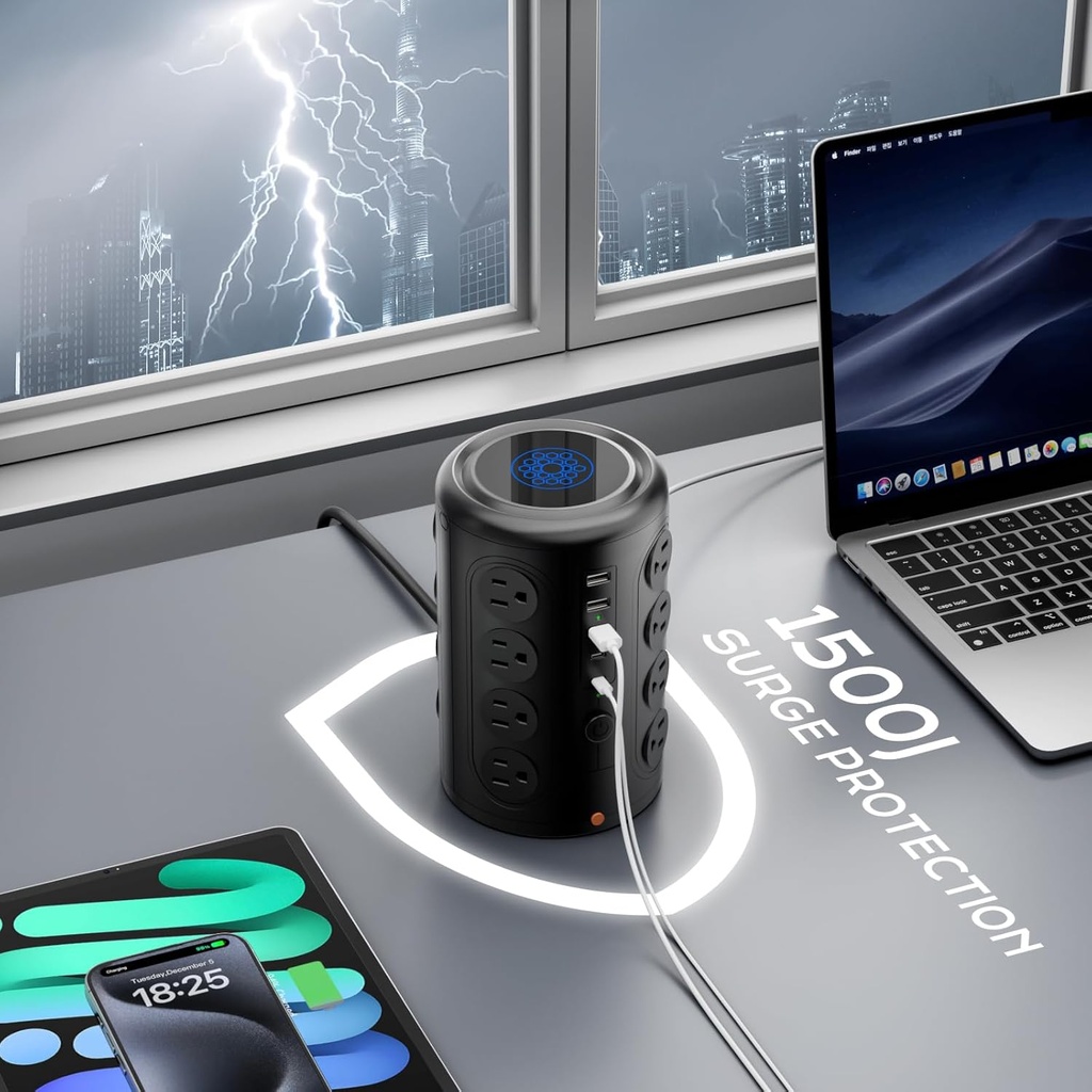 TenTrend - Torre de regleta con 16 salidas y 5 puertos USB (2 USB-C), protector de sobretensiones TenTrend 1875W 1500J con cable de extensión de 6 pies, torre de múltiples salidas para escritorio de