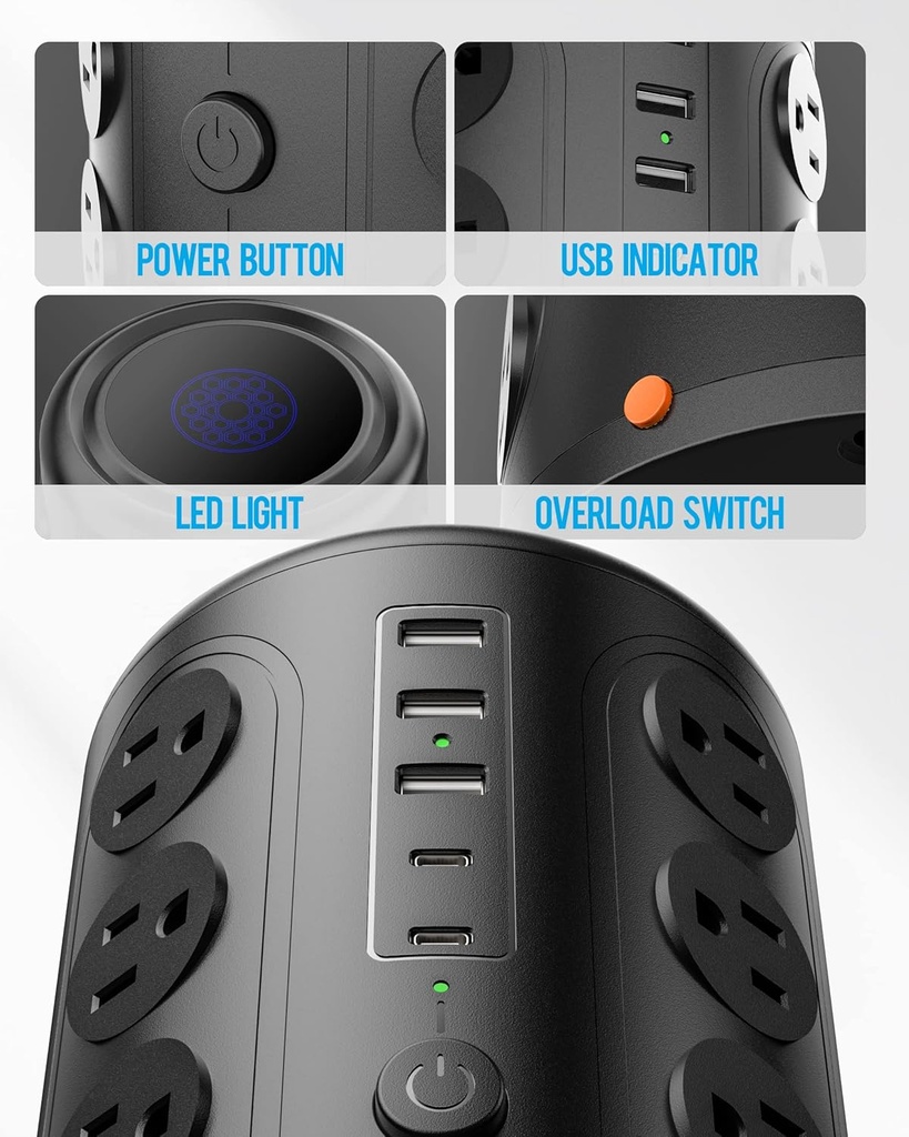 TenTrend - Torre de regleta con 16 salidas y 5 puertos USB (2 USB-C), protector de sobretensiones TenTrend 1875W 1500J con cable de extensión de 6 pies, torre de múltiples salidas para escritorio de