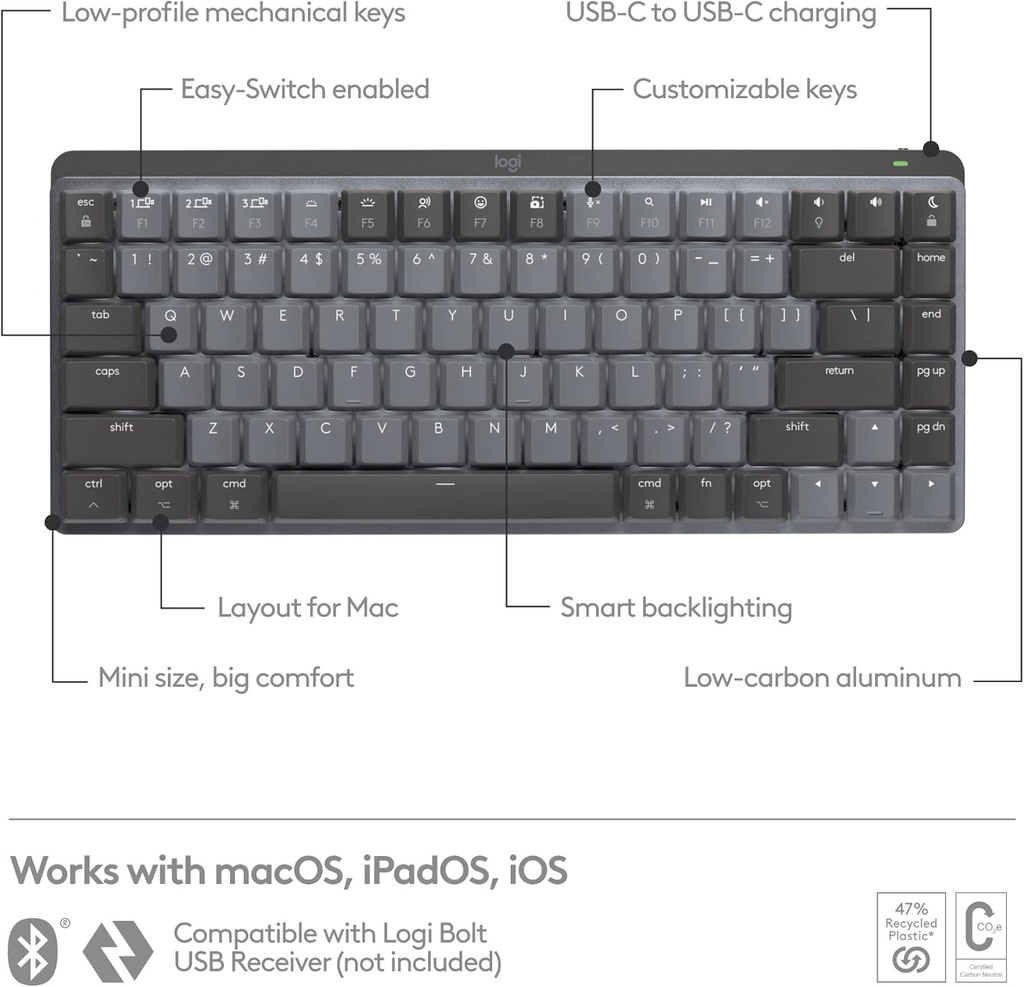 Logitech MX Mechanical Mini - Inalámbrico para Mac, teclas perfil bajo táctiles silenciosas, gris pálido (renovado)