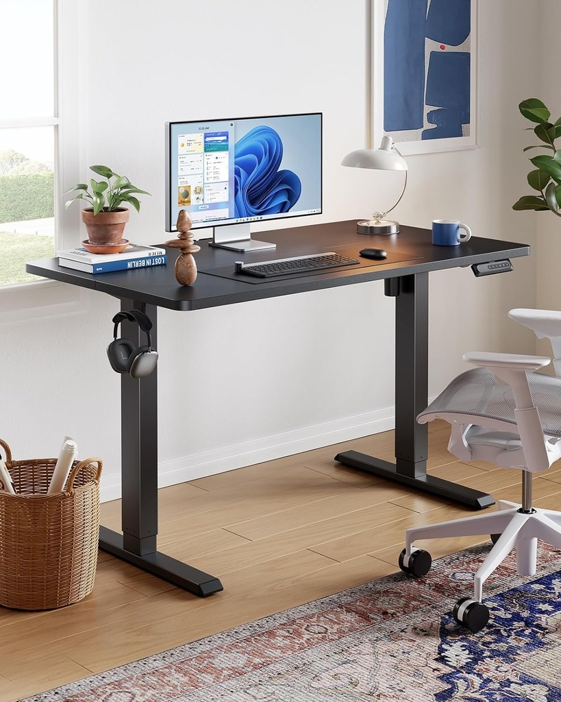 HUANUO 48&quot; x 24&quot; Electric Standing Desk Adjustable Height, 4 Memory Height Settings, Headphone Hook, Cable Manager, Sit Stand Up Desk for Home Office &amp; Computer Workstation, Black