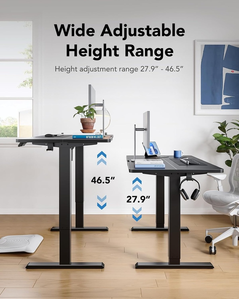 HUANUO 48&quot; x 24&quot; Electric Standing Desk Adjustable Height, 4 Memory Height Settings, Headphone Hook, Cable Manager, Sit Stand Up Desk for Home Office &amp; Computer Workstation, Black