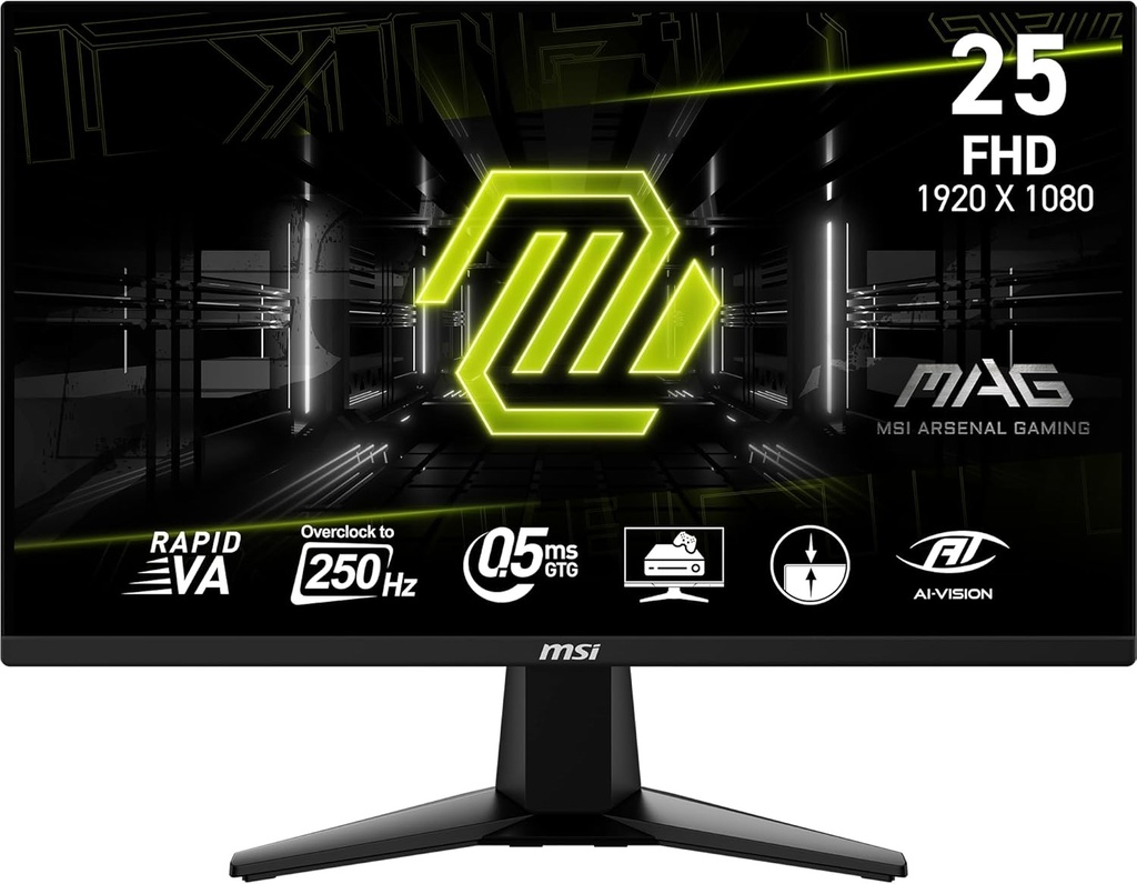 MSI MAG 255XFV Monitor para juegos de 25 pulgadas, 1920 x 1080 (FHD), tiempo de respuesta de 0.5 ms, 250Hz, HDMI, puerto DP, inclinación ajustable (copia)