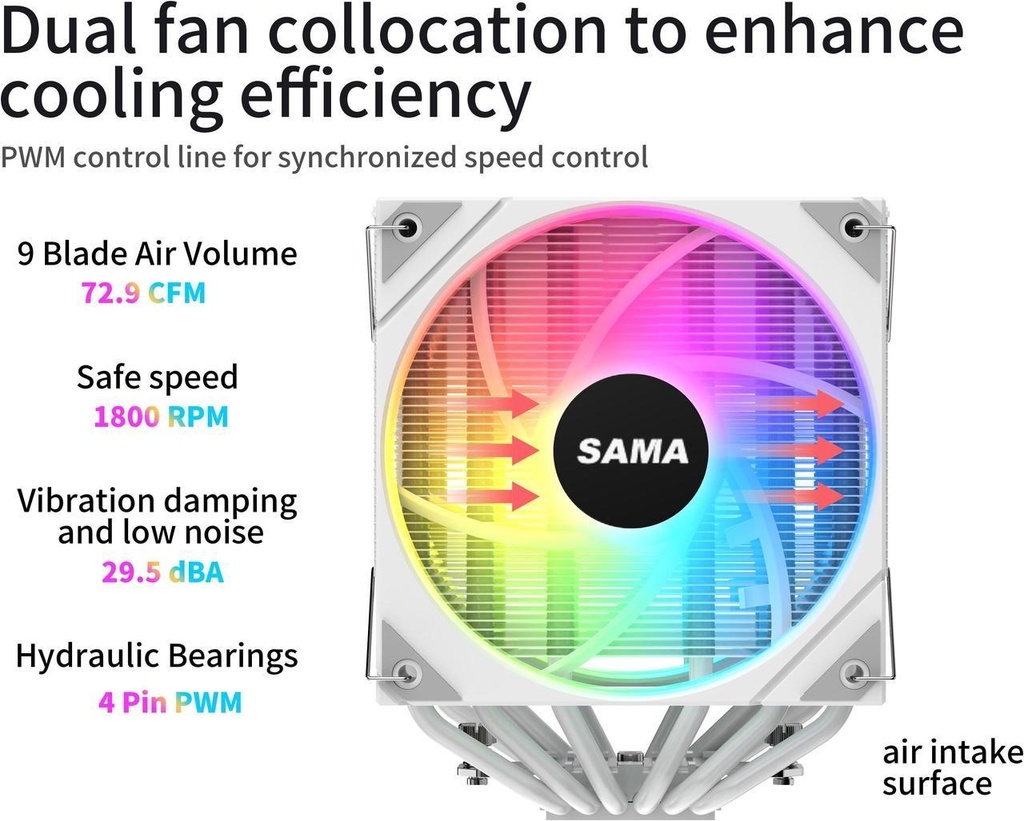 SAMA 6PDW ARGB White CPU Air Cooler 120mm Cooling Fan Addressable RGB Aluminum PC CPU Heatsink for Intel 
