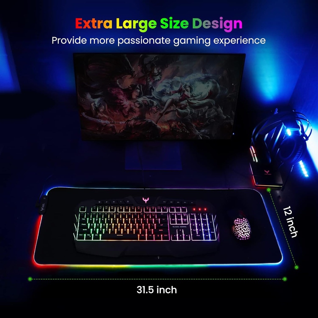 Tapete para mouse para videojuegos RGB, suave, extraextendida, base de goma antideslizante, para teclado de computadora, 31.5 x 12 pulgadas de Blade Hawks