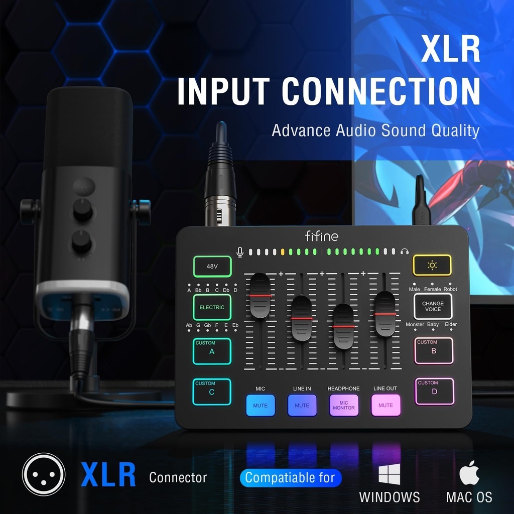 FIFINE Mezclador de audio para juegos, mezclador de PC RGB para streaming con interfaz de micrófono XLR, control individual, atenuador de volumen, botón de silencio, alimentación fantasma de 48 V,