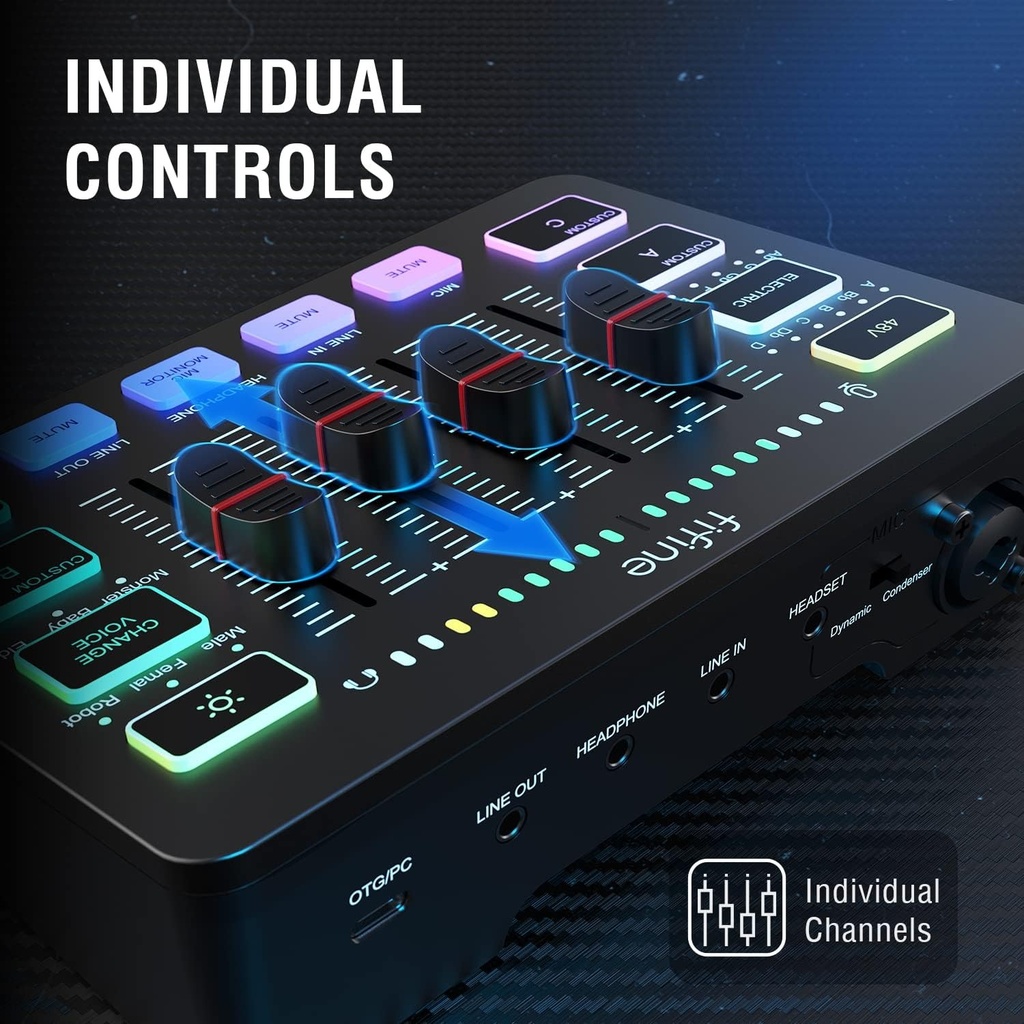 FIFINE Mezclador de audio para juegos, mezclador de PC RGB para streaming con interfaz de micrófono XLR, control individual, atenuador de volumen, botón de silencio, alimentación fantasma de 48 V,