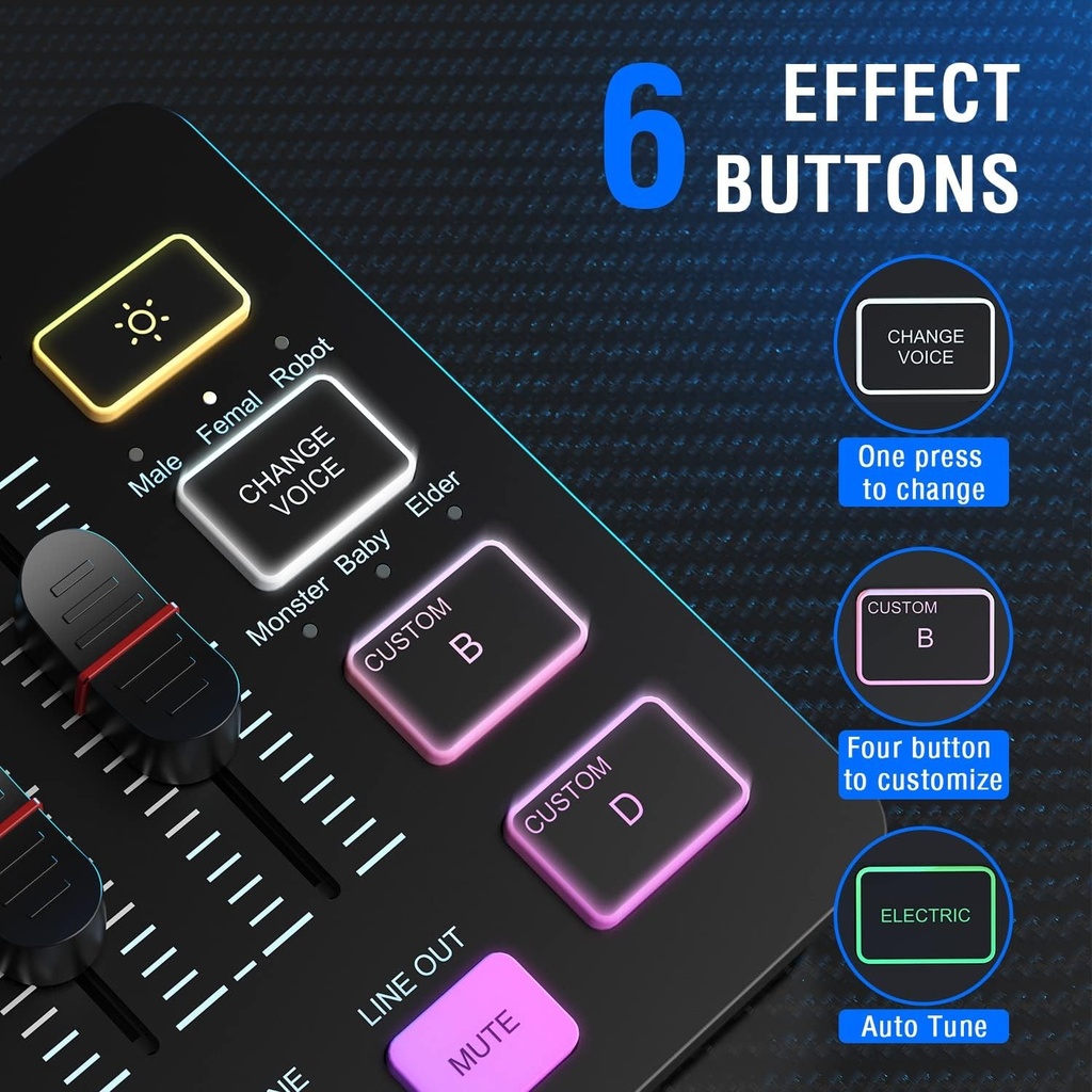 FIFINE Mezclador de audio para juegos, mezclador de PC RGB para streaming con interfaz de micrófono XLR, control individual, atenuador de volumen, botón de silencio, alimentación fantasma de 48 V,