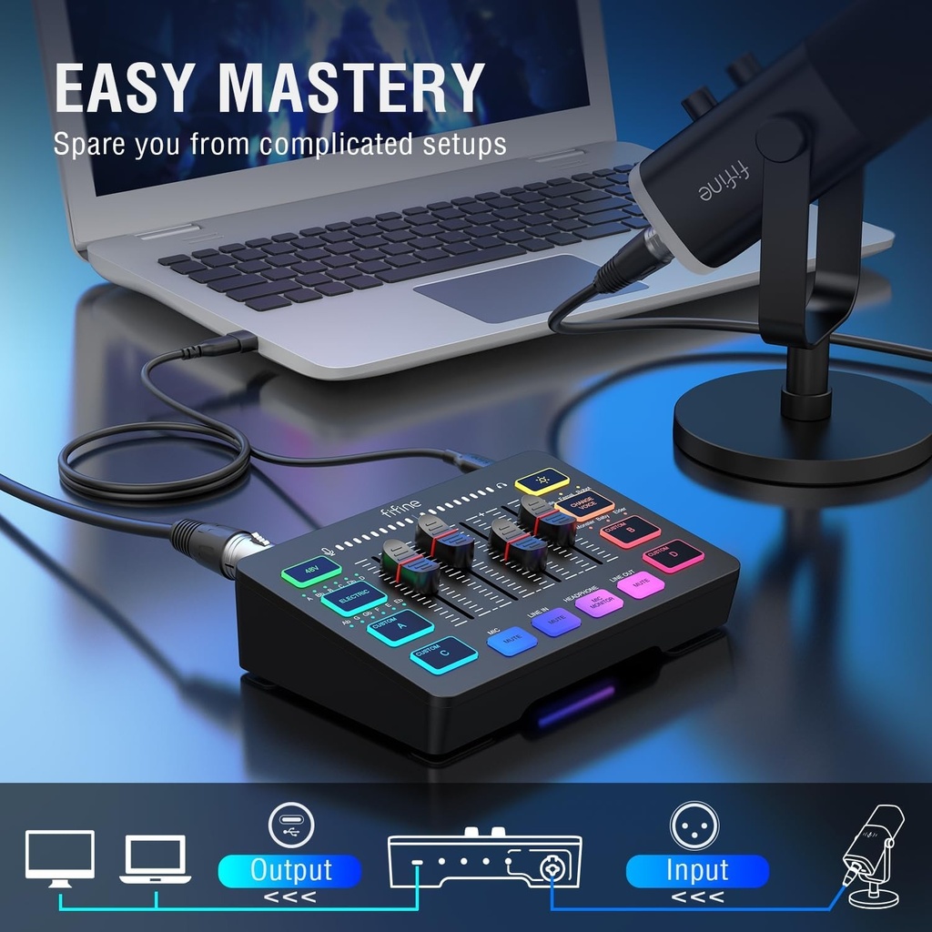 FIFINE Mezclador de audio para juegos, mezclador de PC RGB para streaming con interfaz de micrófono XLR, control individual, atenuador de volumen, botón de silencio, alimentación fantasma de 48 V,