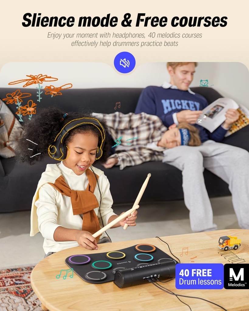 Donner Electric Drum Pad, 9 Pads Electronic Drum Set Roll Up Quiet Drum Pad Built-in Speaker, 40 Drum Lessons Included, Kids Holiday &amp; Birthday Instrument Toys DED-20(SE)