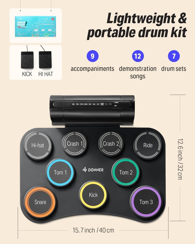 Donner Electric Drum Pad, 9 Pads Electronic Drum Set Roll Up Quiet Drum Pad Built-in Speaker, 40 Drum Lessons Included, Kids Holiday &amp; Birthday Instrument Toys DED-20(SE)