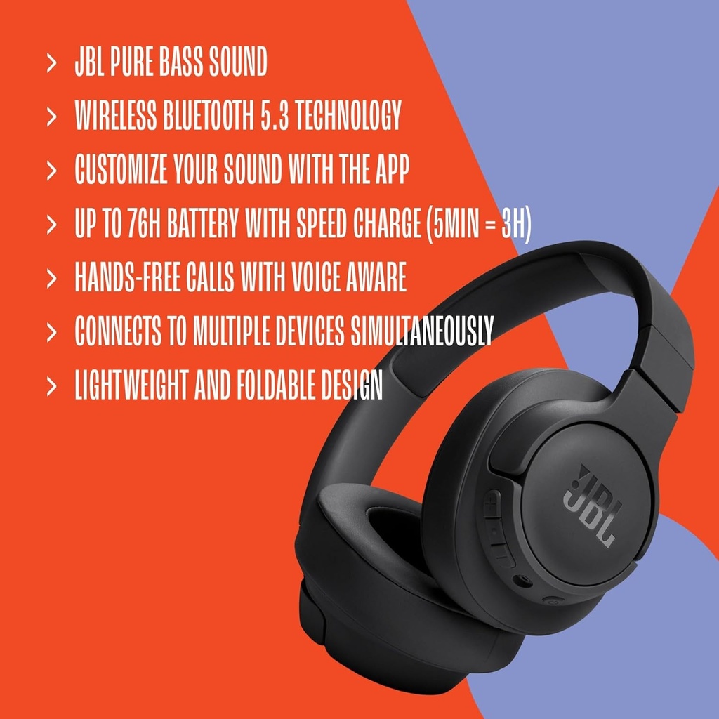 JBL Tune 720BT - Auriculares inalámbricos sobre la oreja con sonido JBL Pure Bass, Bluetooth 5.3, batería de hasta 76 horas de duración y carga de velocidad, diseño ligero, cómodo y plegable (blanco)