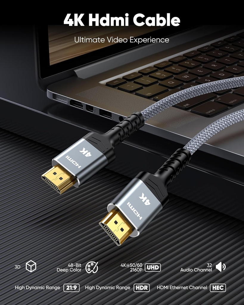 Highwings Cable HDMI 4K @60Hz de 10 pies, 2.0 18 Gbps HDMI Cable trenzado de nailon - Soporta Ethernet, 4K HDR, 2160p 1080p 3D HDCP 2.2 ARC HDTV proyector monitor PS 3/4 Blu-ray