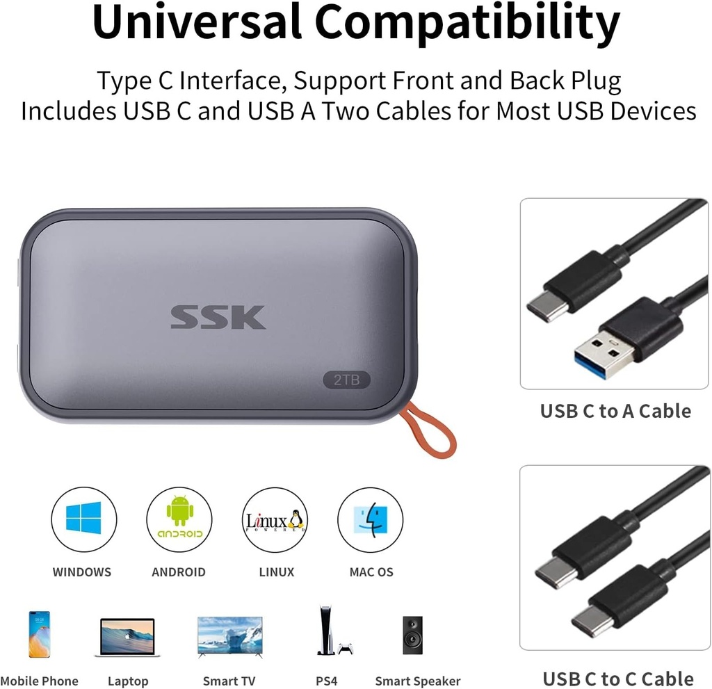 SSK Unidades de estado sólido externas SSD portátiles de 2 TB, hasta 1050 MB/s USB C SSD Disco duro externo USB 3.2 Gen2 para iPhone 15/Pro, Windows, Mac, teléfonos Android y tabletas