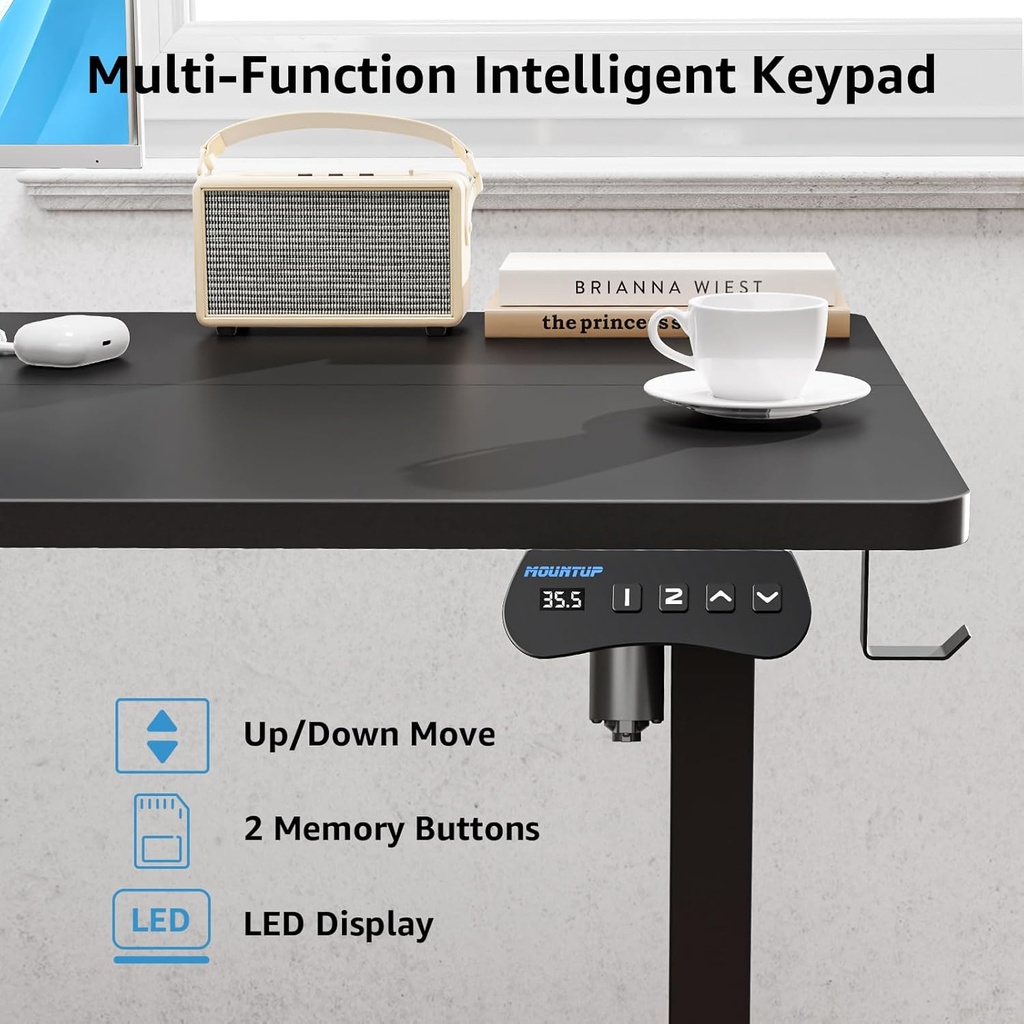 MOUNTUP Escritorio eléctrico de pie ajustable en altura, escritorio de pie de 55 x 28 pulgadas con controlador de memoria, escritorio ergonómico de pie para oficina en casa con tablero de empalme,