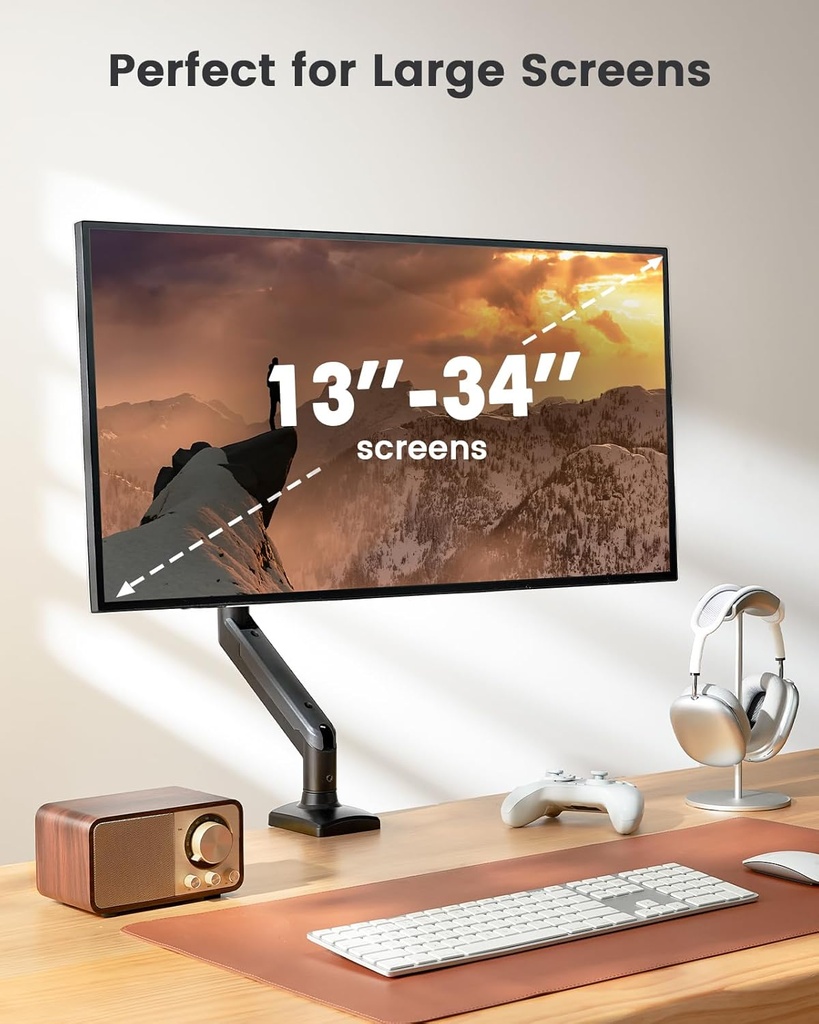 ErGear Brazo de monitor único para pantallas de 13 a 34 pulgadas, soporte de monitor de resorte de gas ajustable con capacidad para hasta 22 libras, soporte de monitor de computadora con soporte VESA