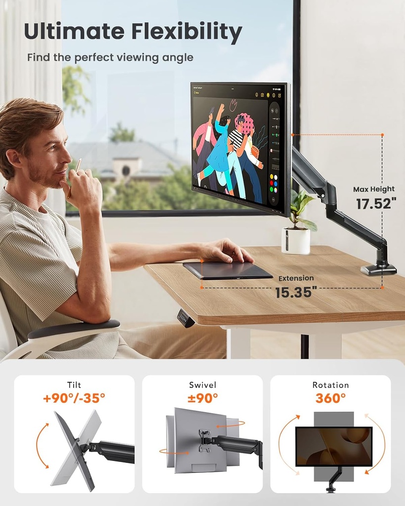ErGear Brazo de monitor único para pantallas de 13 a 34 pulgadas, soporte de monitor de resorte de gas ajustable con capacidad para hasta 22 libras, soporte de monitor de computadora con soporte VESA