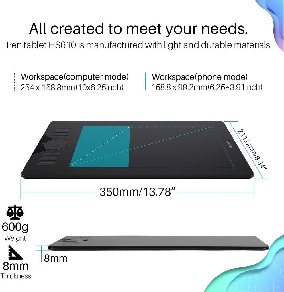 Huion HS610 Graphics Drawing Tablet with Touch Ring and 28 Express Keys, Battery-Free Stylus, 8192 Pressure Sensitivity