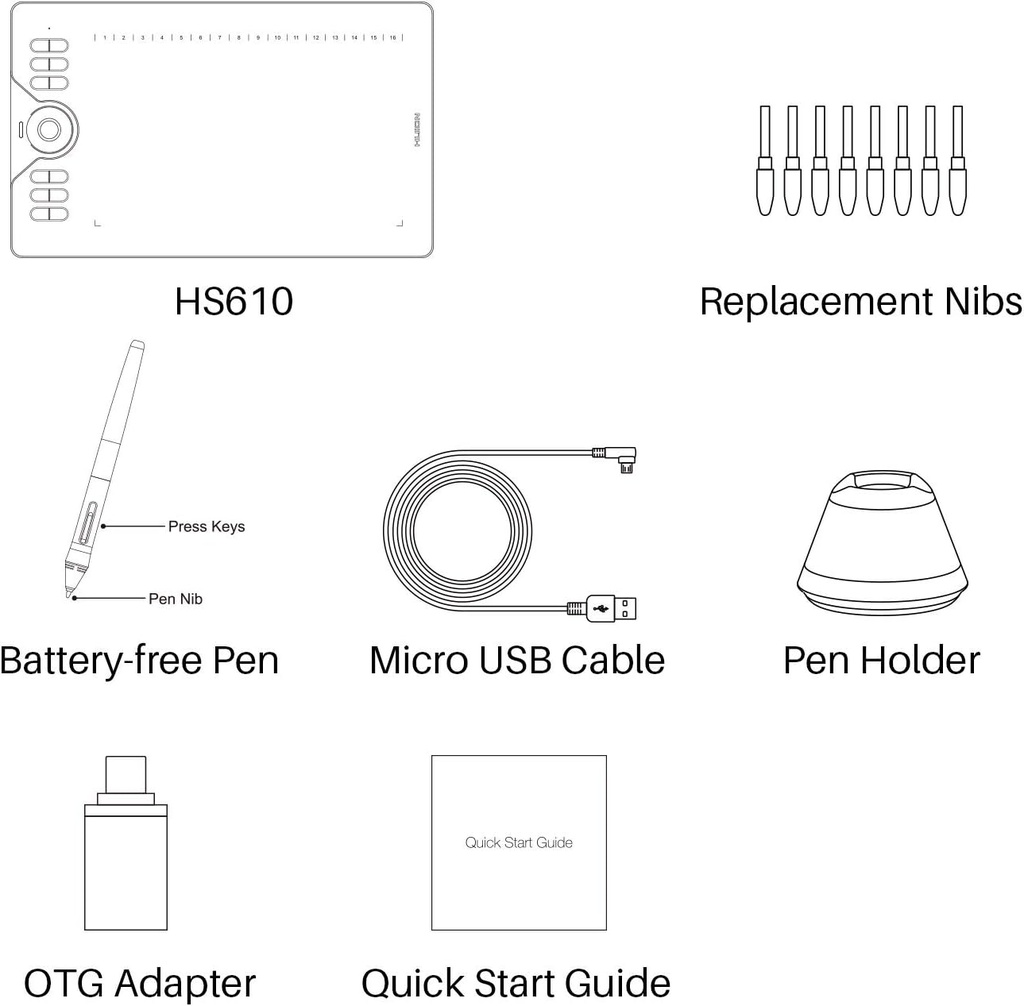 Huion HS610 Graphics Drawing Tablet with Touch Ring and 28 Express Keys, Battery-Free Stylus, 8192 Pressure Sensitivity