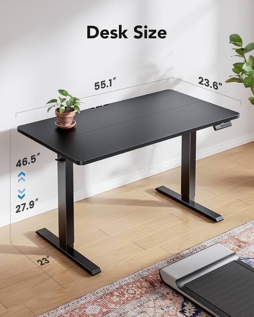 HUANUO - Escritorio eléctrico de pie de 55 x 24 pulg, altura ajustable, 4 ajustes de memoria, gancho p/auriculares, administrador de cables, p/oficina en casa y estación de trabajo de PC, negro